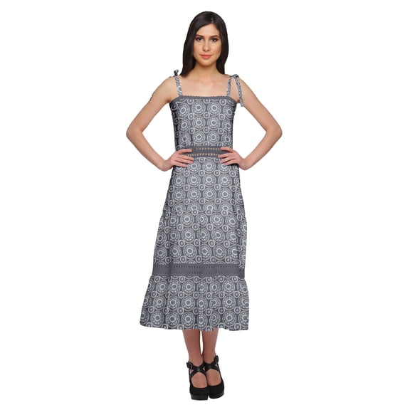 Moomaya Cotton Women Sleeveless Long Adjustable Shoulder Strap Dress With Lace