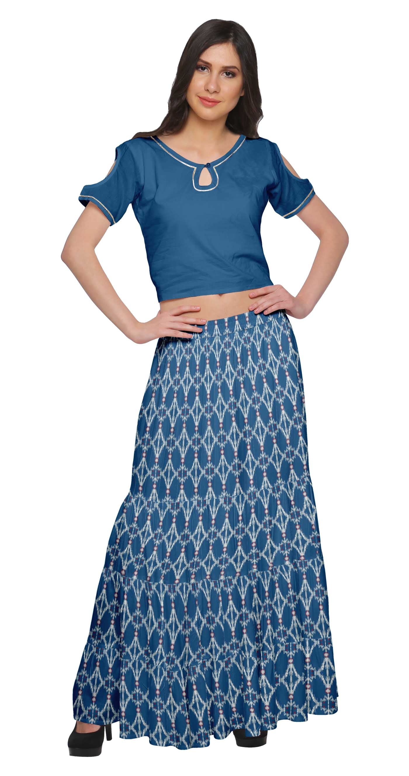 Moomaya Printed Two Piece Flared Skirt And Crop Top Rayon Ethnic