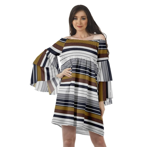 Moomaya Dark Navy Blue2 Womens Off Shoulder Summer Beach Dress Cotton Vacation Dress With Bell Sleeves - XS