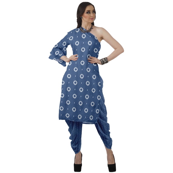 Moomaya Designer Printed One Shoulder Bell Sleeve Kurti w/ Pants Ethnic Clothing Sets For Women