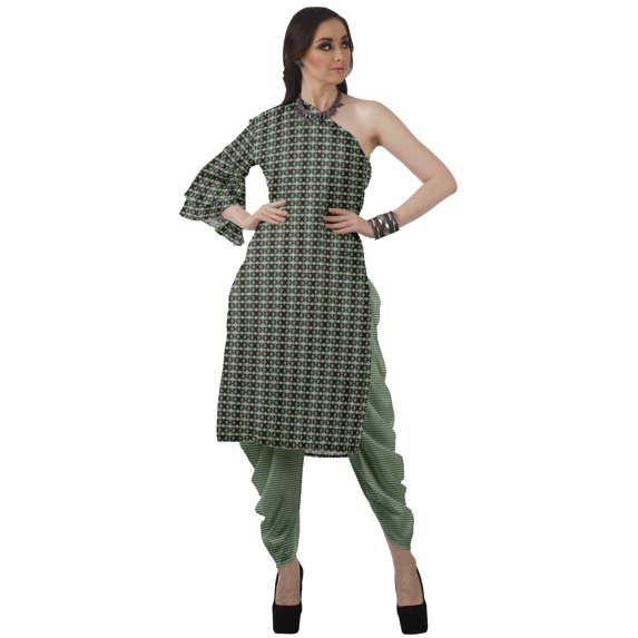 Moomaya Designer Printed One Shoulder Bell Sleeve Kurti w/ Pants Ethnic Clothing Sets For Women