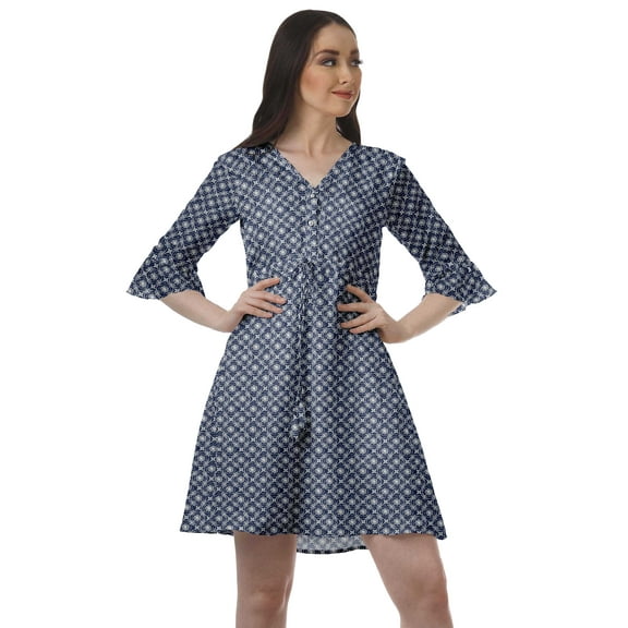 Moomaya Drawstring Mini Dress Printed Poly Crepe Women Ruffle Sleeve Shirt Dress