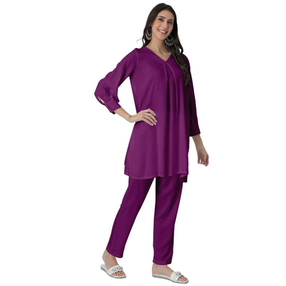 Moomaya Elegant 2-Pc V-Neck Coord Set, Inverted Pleat Viscose Kurta with Broad Cuff Sleeves & Pockets