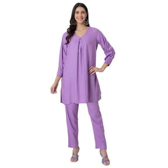 Moomaya Elegant 2-Pc V-Neck Coord Set, Inverted Pleat Viscose Kurta with Broad Cuff Sleeves & Pockets