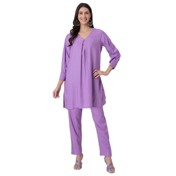 Moomaya Elegant 2-Pc V-Neck Coord Set, Inverted Pleat Viscose Kurta with Broad Cuff Sleeves & Pockets