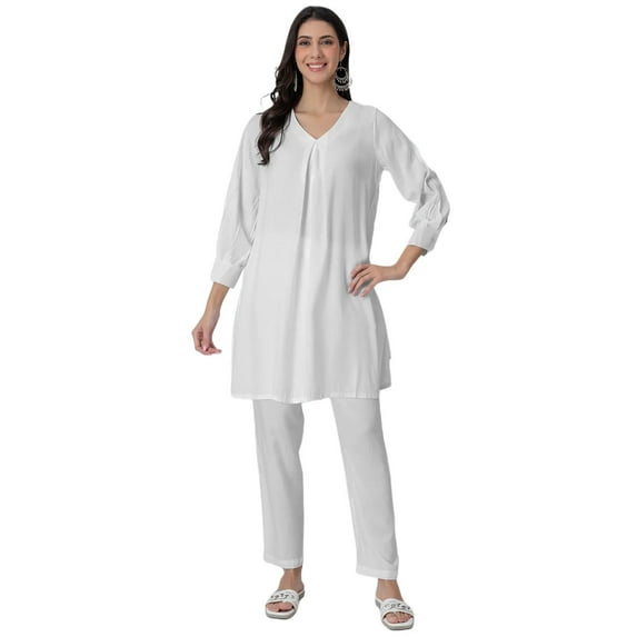 Moomaya Elegant 2-Pc V-Neck Coord Set, Inverted Pleat Viscose Kurta with Broad Cuff Sleeves & Pockets