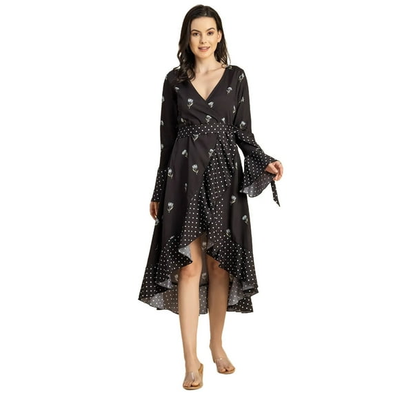 Moomaya Elegant Printed Long Sleeve Wrap Dress - V Neck, Evening Party Fashion