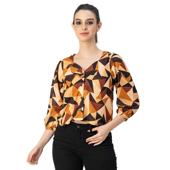 Moomaya Elegant Printed Sweetheart Neck Georgette Top - 3/4 Sleeves, Party Top