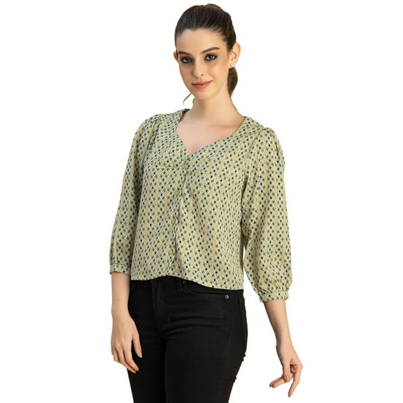 Moomaya Elegant Printed Sweetheart Neck Georgette Top - 3/4 Sleeves, Party Top