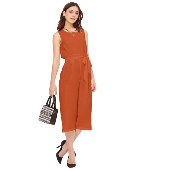Moomaya Elegant Solid Georgette Sleeveless 3/4 Jumpsuit - Regular Fit Romper