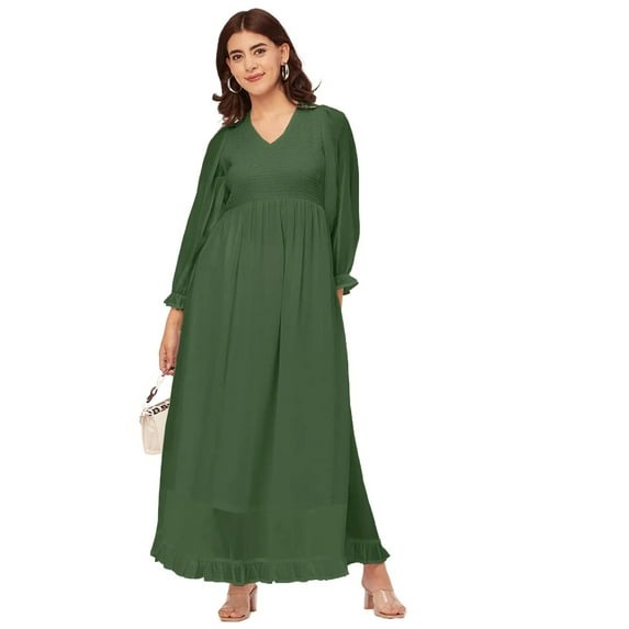 Moomaya Elegant Solid Long Sleeve Dress - V Neck, Empire Waist, Evening Wear