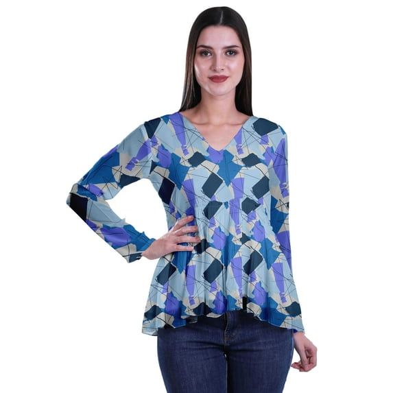 Moomaya Empire Waist Top Printed Dress V-Neck Full Sleeve Tunic Peplum Top For Women