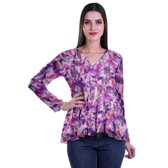Moomaya Empire Waist Top Printed Dress V-Neck Full Sleeve Tunic Peplum Top For Women