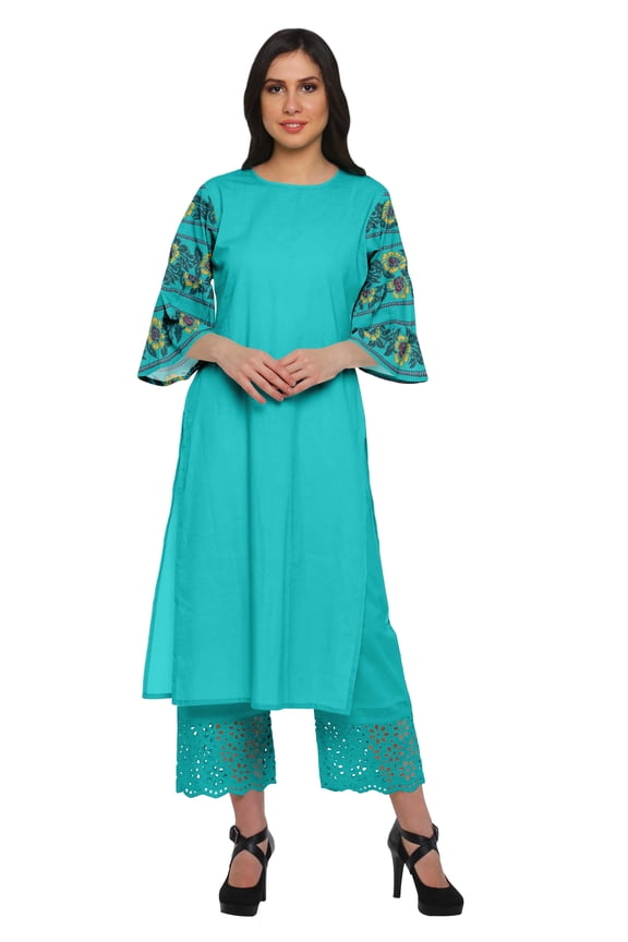 Ethnic Printed Palazzo Round Neck Kurta Set Cotton Slub Women Plus Size