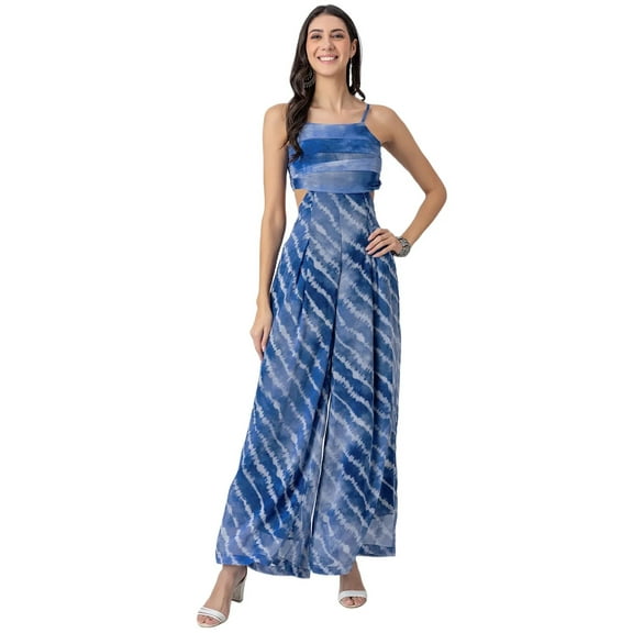 Moomaya Exclusive, Lehariya Print Party Wear Jumpsuit, Indo-Western Cutout Jumpsuit Dress For Womens