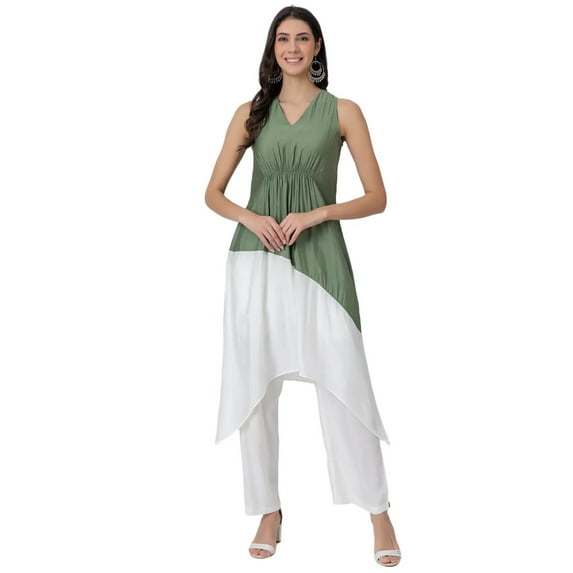 Moomaya Exclusive, Sleeveless Solid Color-Block Kurta with Pants, Asymmetric Indo-Western Coord Set