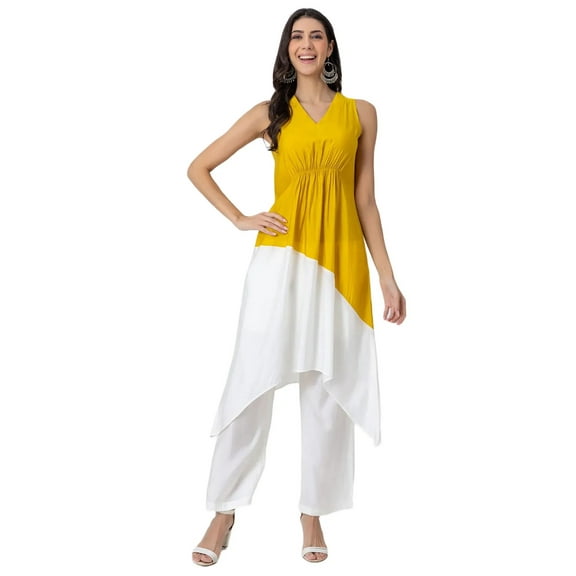 Moomaya Exclusive, Sleeveless Solid Color-Block Kurta with Pants, Asymmetric Indo-Western Coord Set