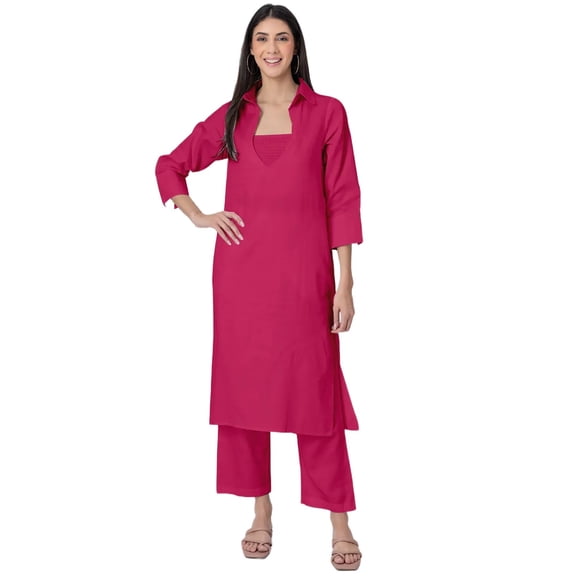 Moomaya Exclusive, Stylish 3-Pc Indo-Western Kurta & Pants Set, Designer Cotton Slub Outfit with Pockets