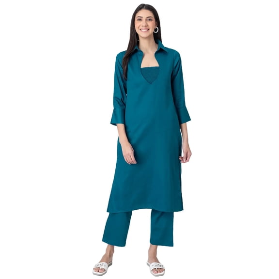 Moomaya Exclusive, Stylish 3-Pc Indo-Western Kurta & Pants Set, Designer Cotton Slub Outfit with Pockets