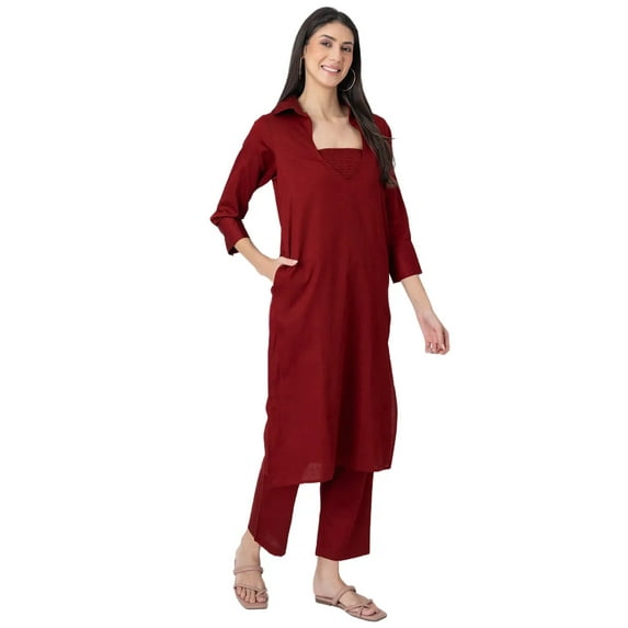 Moomaya Exclusive, Stylish 3-Pc Indo-Western Kurta & Pants Set, Designer Cotton Slub Outfit with Pockets