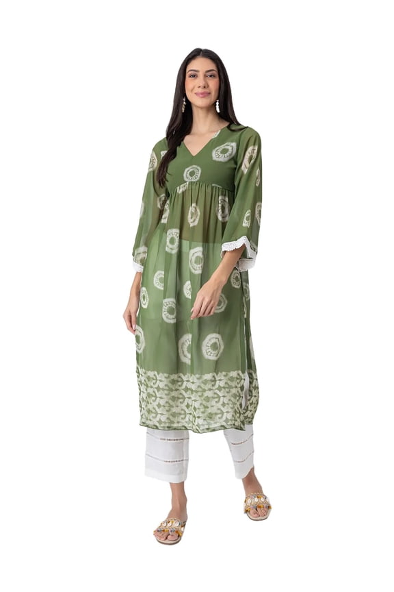 Exclusive, Tie-Dye Print Sheer Kurta and Pant Set, Indo-Western 2 Pc Co-ord Set With Lace Detailing