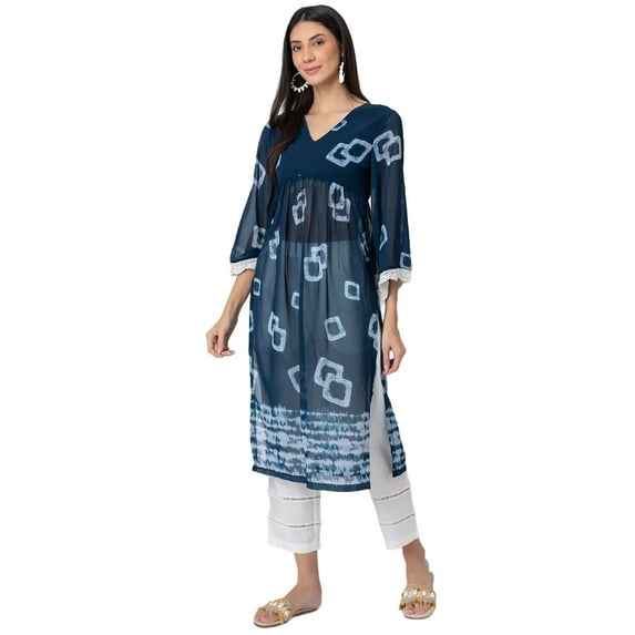 Moomaya Exclusive, Tie-Dye Print Sheer Kurta and Pant Set, Indo-Western 2 Pc Co-ord Set With Lace Detailing