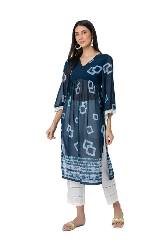 Exclusive, Tie-Dye Print Sheer Kurta and Pant Set, Indo-Western 2 Pc Co-ord Set With Lace Detailing
