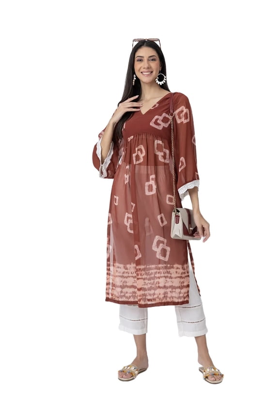 Exclusive, Tie-Dye Print Sheer Kurta and Pant Set, Indo-Western 2 Pc Co-ord Set With Lace Detailing