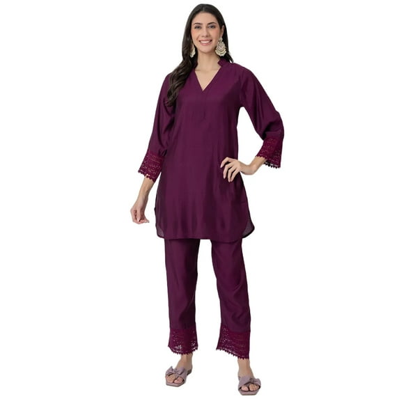 Moomaya Exclusive, Women's Roma Silk Kurta and Pant Set, Lace Detail Designer Co-ord Set