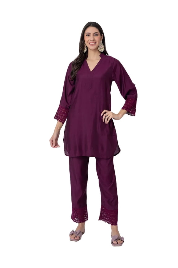 Exclusive, Women's Roma Silk Kurta and Pant Set, Lace Detail Designer Co-ord Set