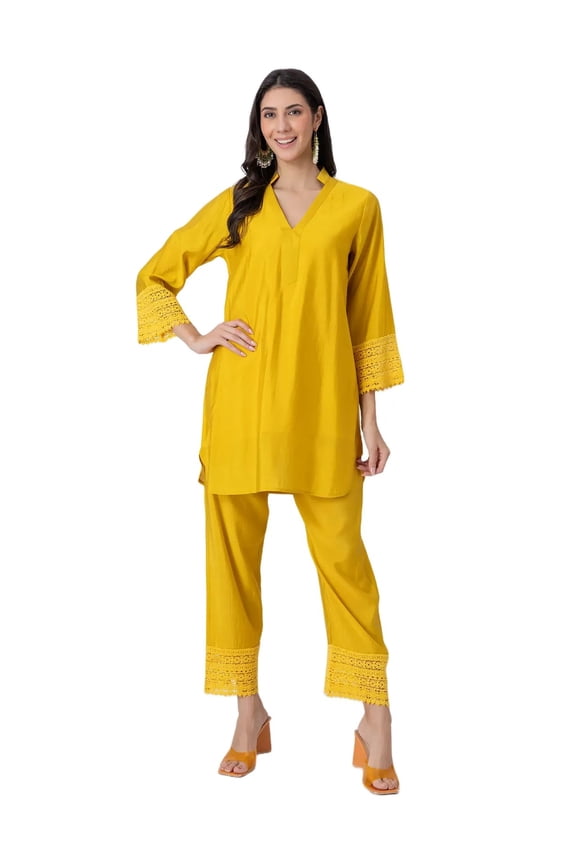 Exclusive, Women's Roma Silk Kurta and Pant Set, Lace Detail Designer Co-ord Set