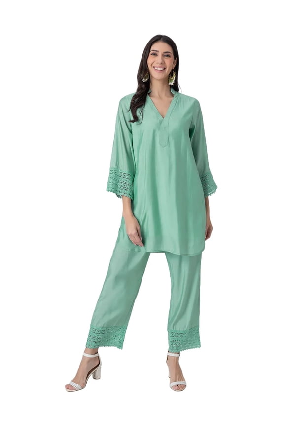 Exclusive, Women's Roma Silk Kurta and Pant Set, Lace Detail Designer Co-ord Set
