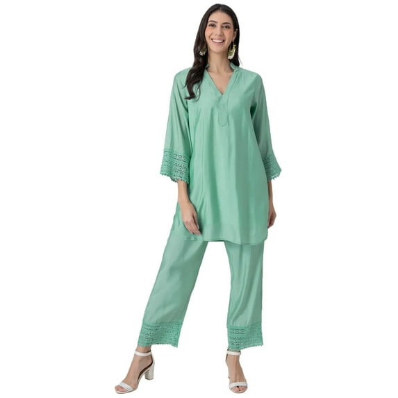 Moomaya Exclusive, Women's Roma Silk Kurta and Pant Set, Lace Detail Designer Co-ord Set