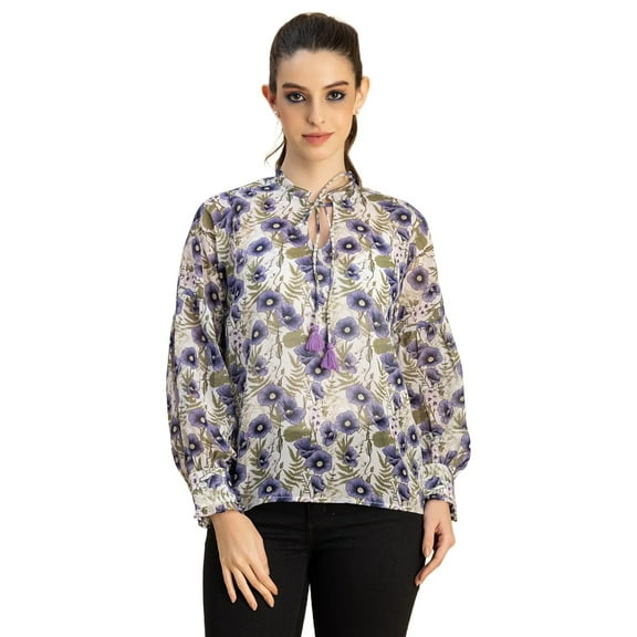 Moomaya Fashionable V Neck/Tie Up Neck Top - Long Sleeves, Regular Fit