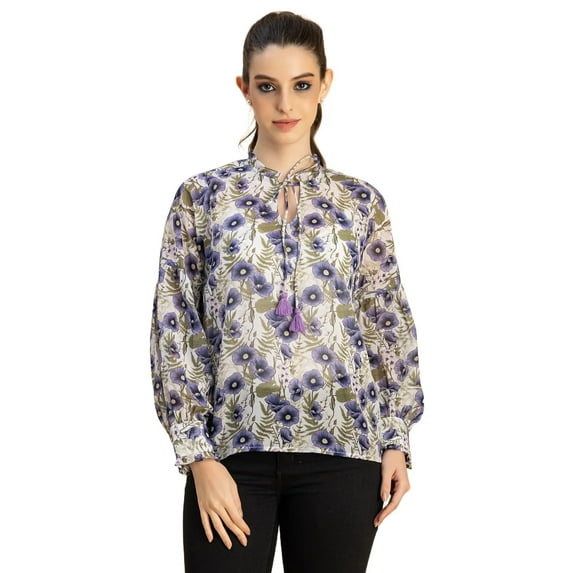 Moomaya Fashionable V Neck/Tie Up Neck Top - Long Sleeves, Regular Fit