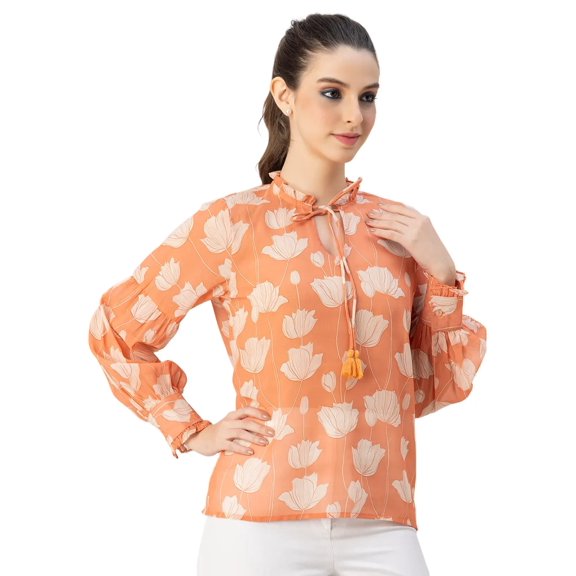 Moomaya Fashionable V Neck/Tie Up Neck Top - Long Sleeves, Regular Fit