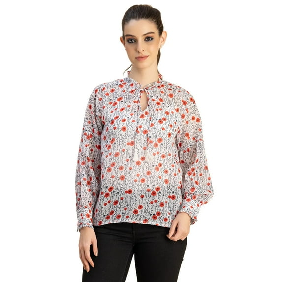 Moomaya Fashionable V Neck/Tie Up Neck Top - Long Sleeves, Regular Fit