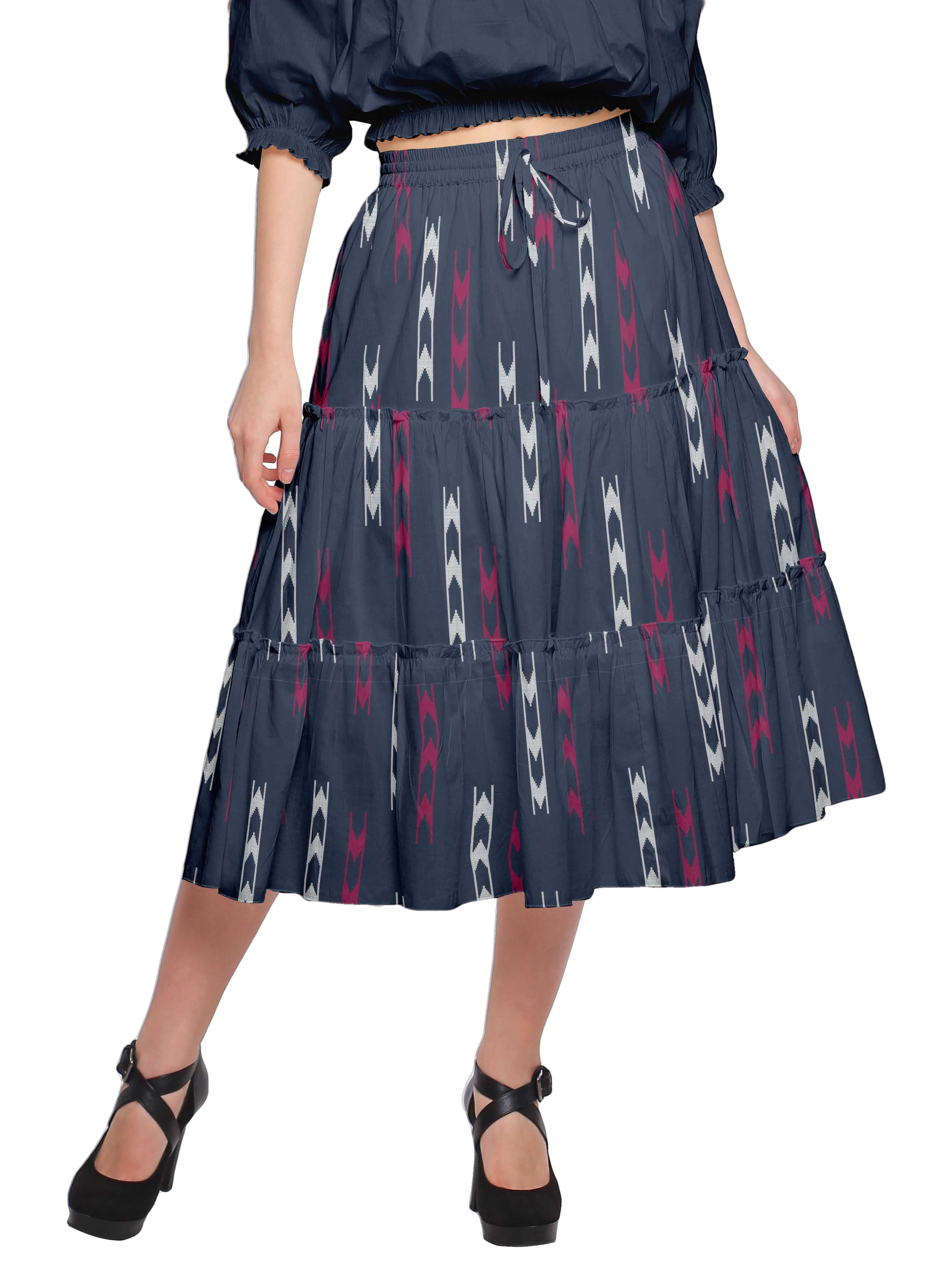 Moomaya Women's Cotton Poplin Knee-Length A-Line Skirt - Solid Color With Lace Trim & Pockets