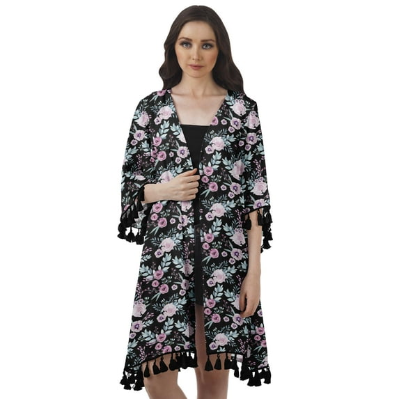 Moomaya Front Open Printed Shrug 3/4 Sleeve Georgette Beach Cover Up For Women