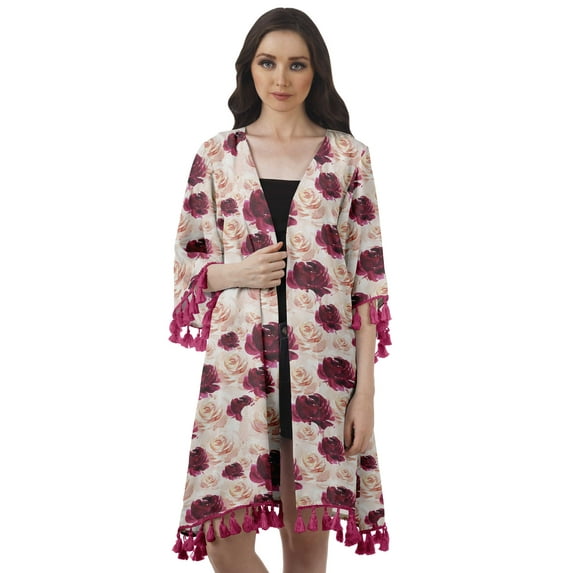 Moomaya Front Open Printed Shrug 3/4 Sleeve Georgette Beach Cover Up For Women