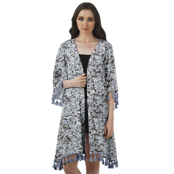 Moomaya Front Open Printed Shrug 3/4 Sleeve Georgette Beach Cover Up For Women