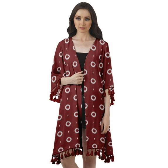 Moomaya Front Open Printed Shrug 3/4 Sleeve Georgette Beach Cover Up For Women