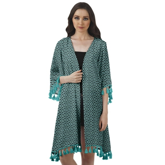 Moomaya Front Open Printed Shrug 3/4 Sleeve Georgette Beach Cover Up For Women