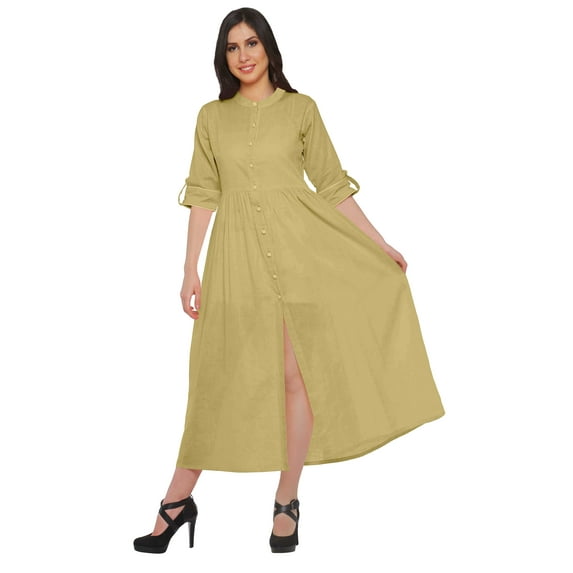 Moomaya Front Slit Women Solid Cotton Roll Up 3/4 Sleeve Casual Long Kurti Dress