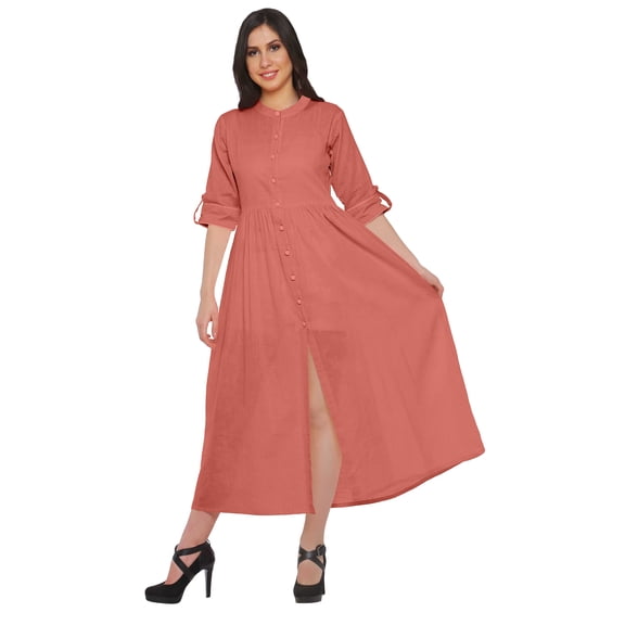 Moomaya Front Slit Women Solid Cotton Roll Up 3/4 Sleeve Casual Long Kurti Dress