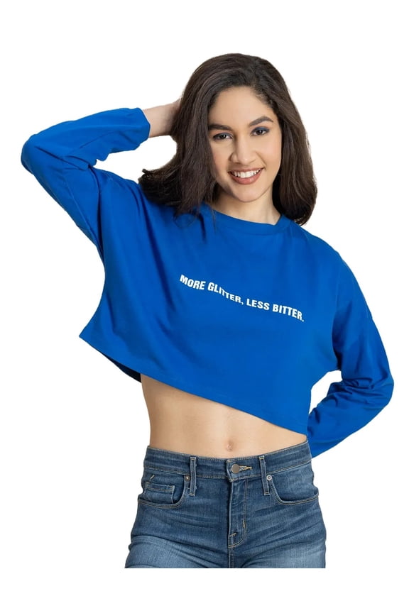 Full Sleeves Boxy Crop Top , Round Neck Cotton T-Shirt Top For Women