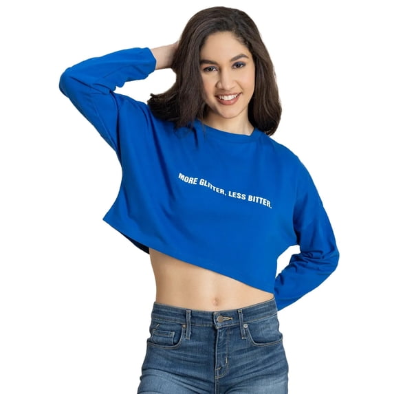 Moomaya Full Sleeves Boxy Crop Top , Round Neck Cotton T-Shirt Top For Women