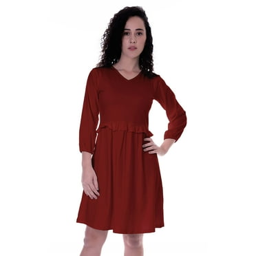 Moomaya Full Sleeves Gathered Dress w/ Ruffle Waist Casual Flowy Swing Dresses