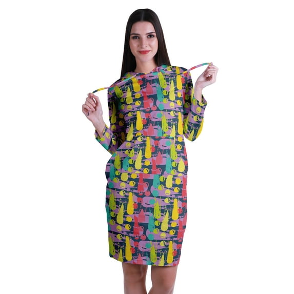 Moomaya Full Sleeves Hoodie Printed Sweatshirt Jersey T,Shirt Dress w/ Pockets