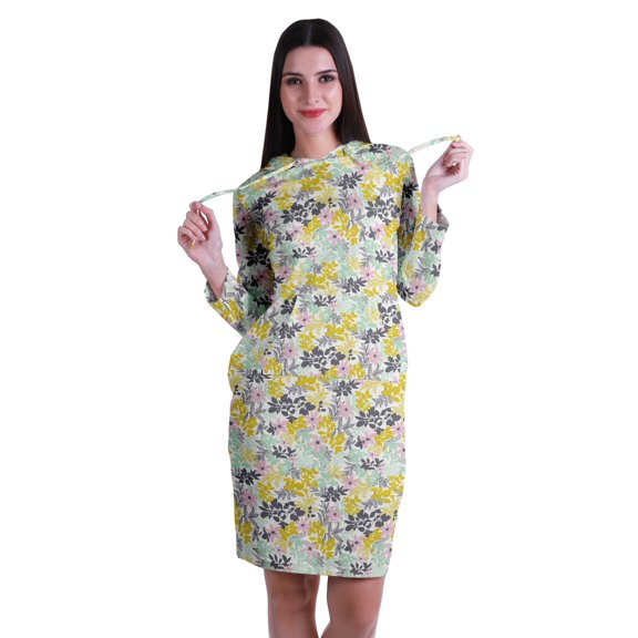 Moomaya Full Sleeves Hoodie Printed Sweatshirt Jersey T,Shirt Dress w/ Pockets